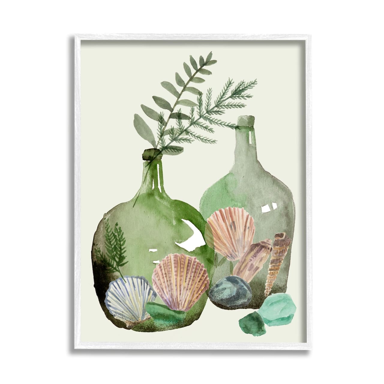 Stupell Industries Fern Foliage in Green Glass Jugs Nautical Seashells Framed Wall Art